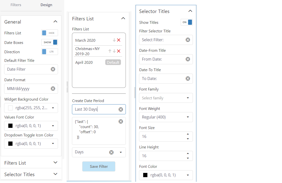Design panel options