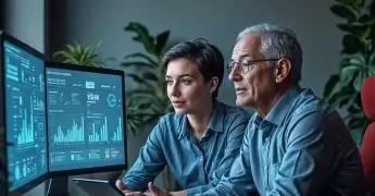 Two people discussing analytics on screen