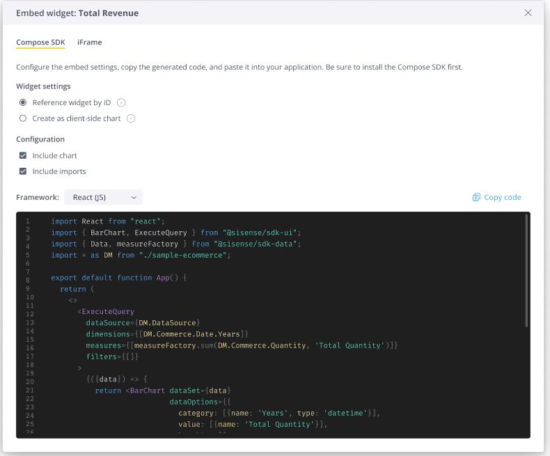 An image showing an 'embed widget,' with options to use the Compose SDK or an iFrame, with lines of React(JS) code at the bottom.