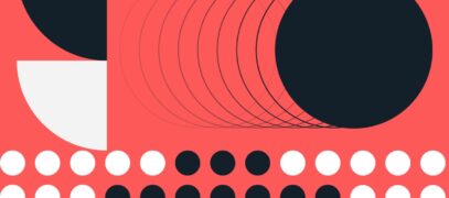 Abstract geometric pattern with circles and shapes on red background