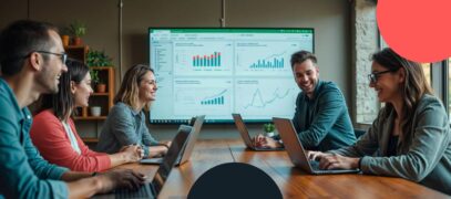 Team meeting discussing analytics on screen