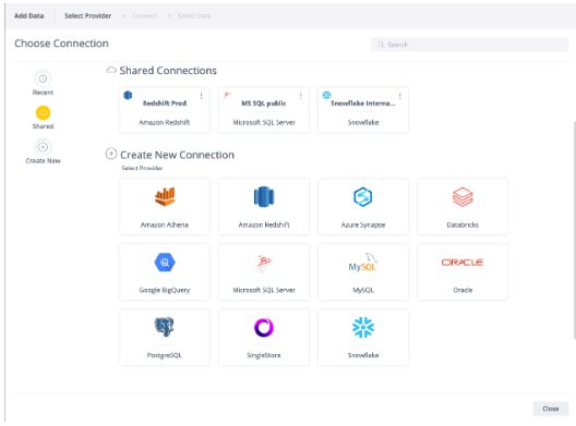 A screen prompting the software user to “choose connection” and offering among a list of “shared connections” or the option to “create new connection.”