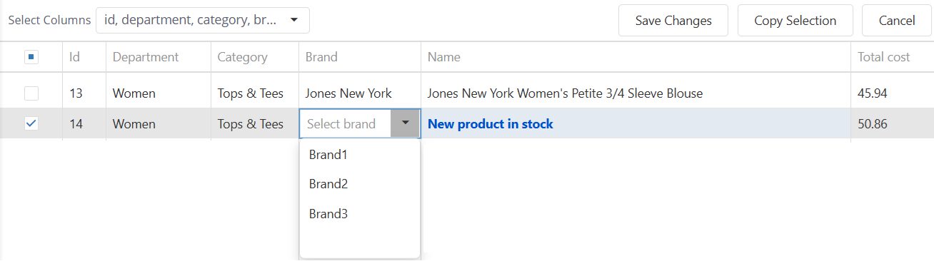 Sample data with drop down options