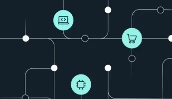 A dark background with interconnected white lines and circles. Light blue circles display icons of a laptop, chip, and shopping cart, symbolizing technology and commerce.