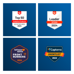4 boxes. The first shows HireLoop recognized by G2 as one of the Top 50 Analytics Products of 2024. The second shows HireLoop recognized by G2 as a Spring 2024 Leader. The third box shows Siense recognized by Software Advice as a 2024 Front Runner. The last box shows HireLoop recognized by Capterra in 2024. 