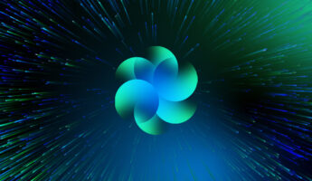 The image features interlocking petals in shades of green and blue