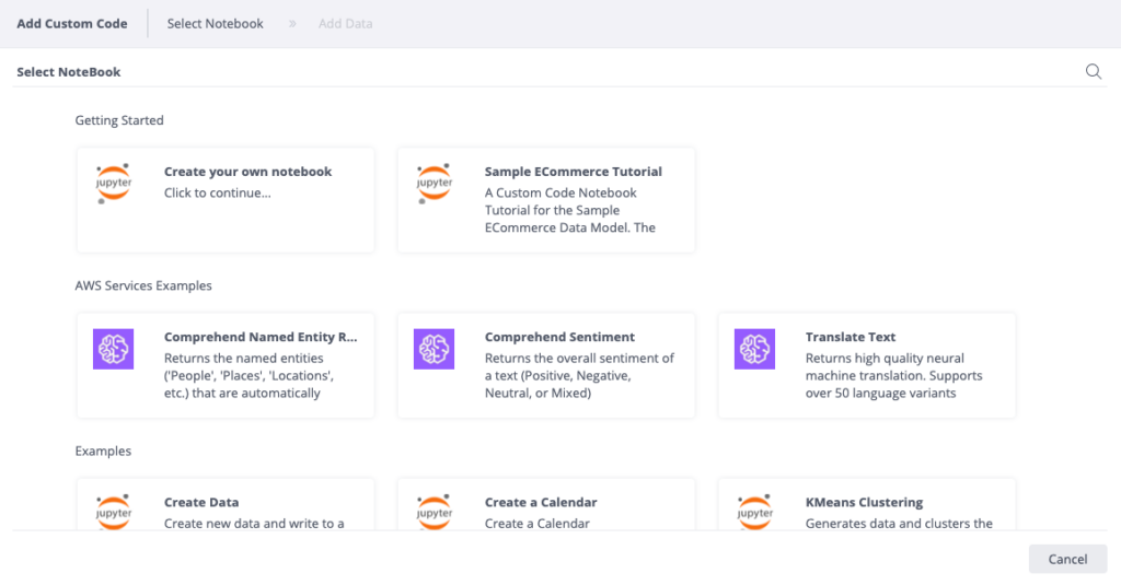 HireLoop Custom Code Notebook options including AWS and Jupyter notebook examples.